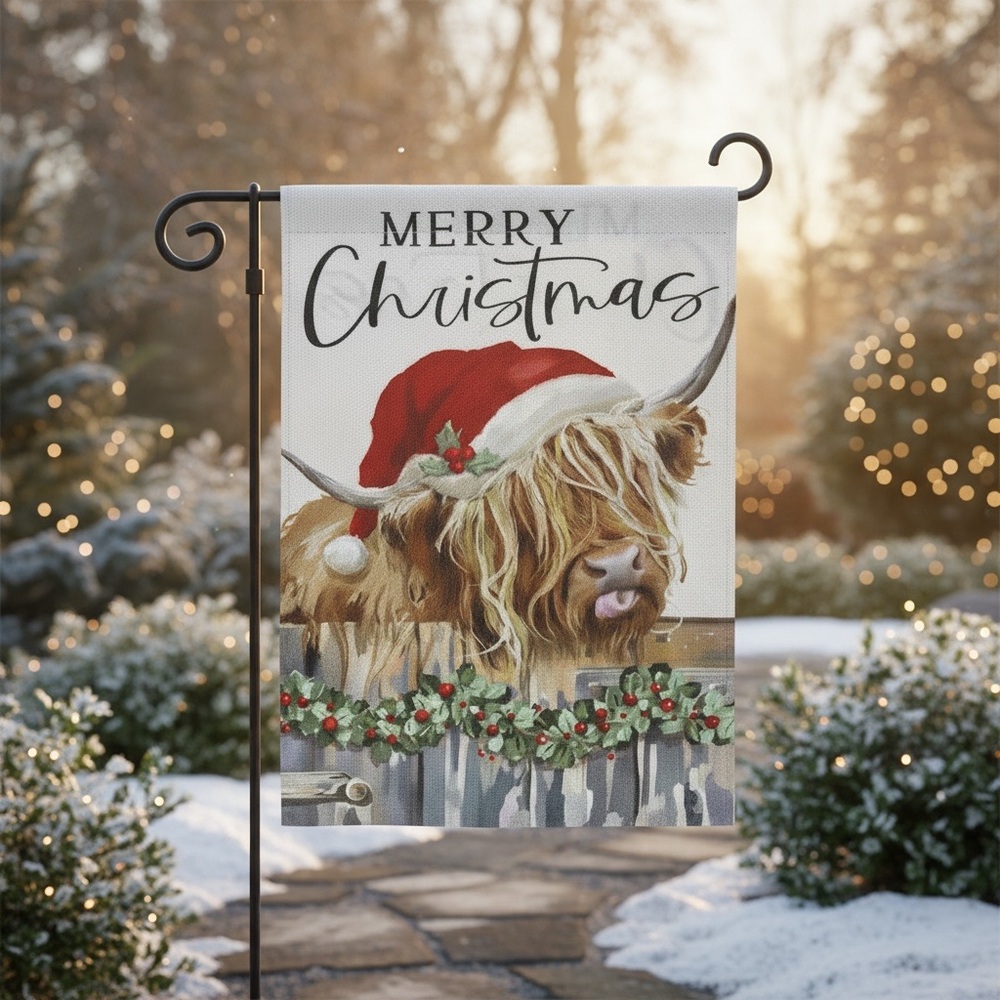 Merry Christmas Highland Cow Burlap Garden Flag, Double Sided,12 X 18